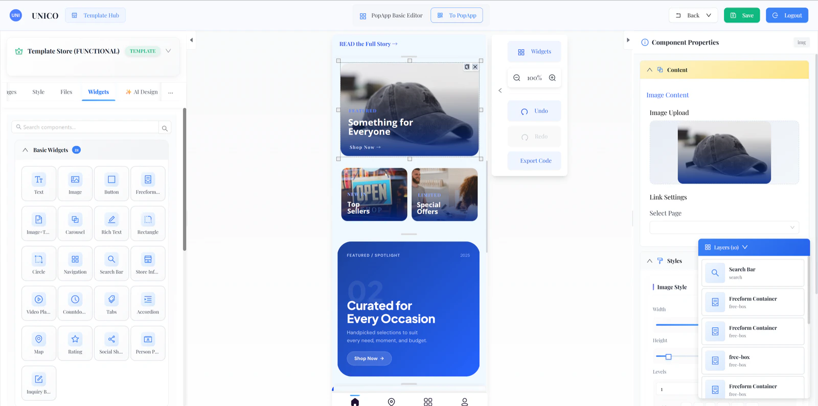 Unico PopApp drag-and-drop editor with widgets, live mobile canvas, component properties, and layers