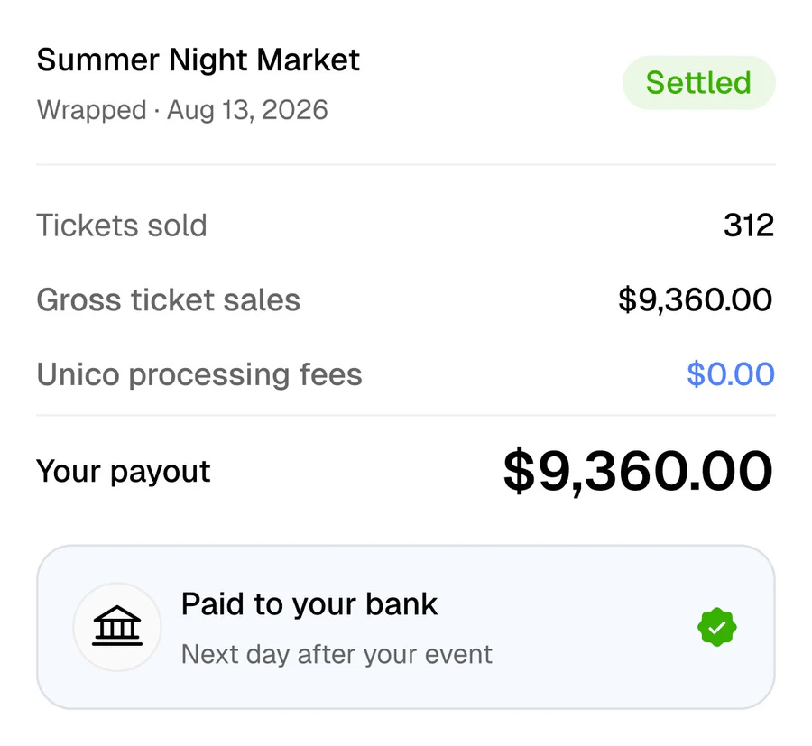 PopEvent payout interface showing tickets sold, gross ticket sales, and payout details