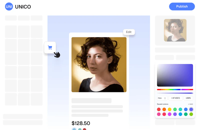 Unico visual builder with draggable components and brand color controls