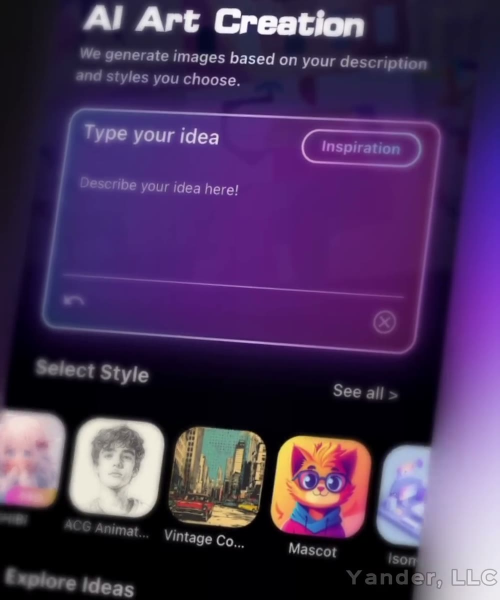 Dark neon AI art creation app interface for iOS